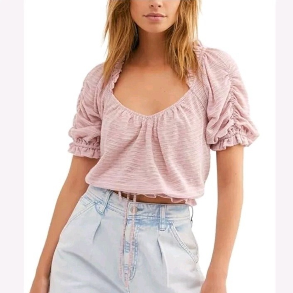 FREE PEOPLE Dorothy Blouse Pink Puff Fawn Cropped Top Blouse Boho Preppy Sz XS - Picture 2 of 7